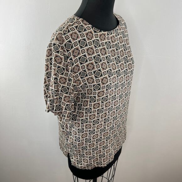 VTG Quo-Silk Brown Brown Diamond Geometric Short Sleeve Blouse Top Vintage M - Picture 4 of 7